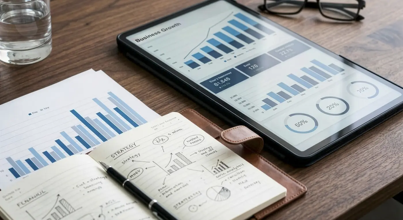 Tablet mit Diagrammen, Unterlagen und Strategie-Notizen als Symbol für die Unternehmensberatung von Schoetz & Partner in Göppingen und Dresden