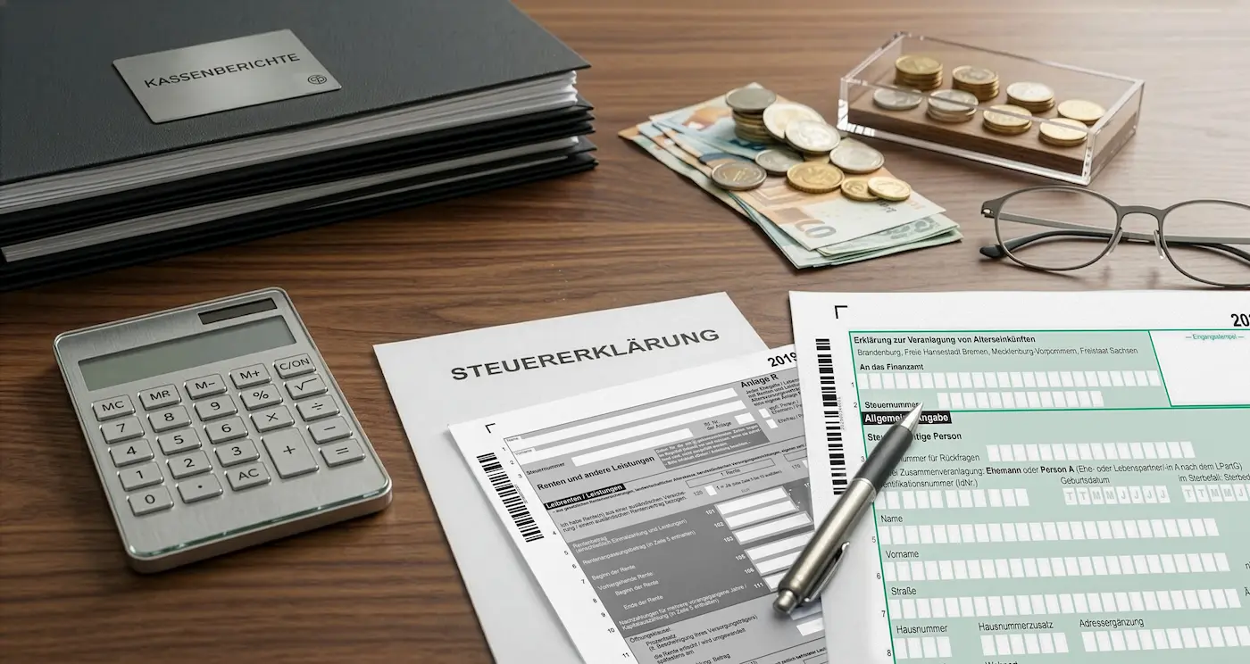Steuerunterlagen mit Steuererklärung, Taschenrechner und Belegen auf einem Schreibtisch als Symbol für die Steuerberatung von Schoetz & Partner in Göppingen und Dresden