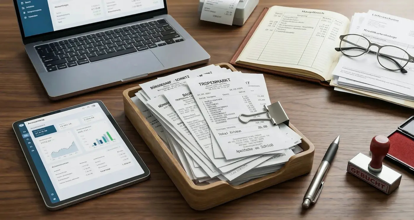 Belege, Buchhaltungsunterlagen, Laptop und Tablet mit Finanzübersicht auf einem Schreibtisch als Symbol für Rechnungswesen und Buchhaltung bei Schoetz & Partner in Göppingen und Dresden