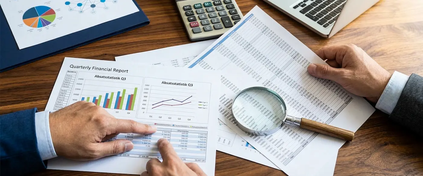 Finanzberichte, Diagramme und Lupe zur Prüfung von Unternehmenszahlen als Symbol für die Wirtschaftsprüfung bei Schoetz & Partner in Göppingen und Dresden