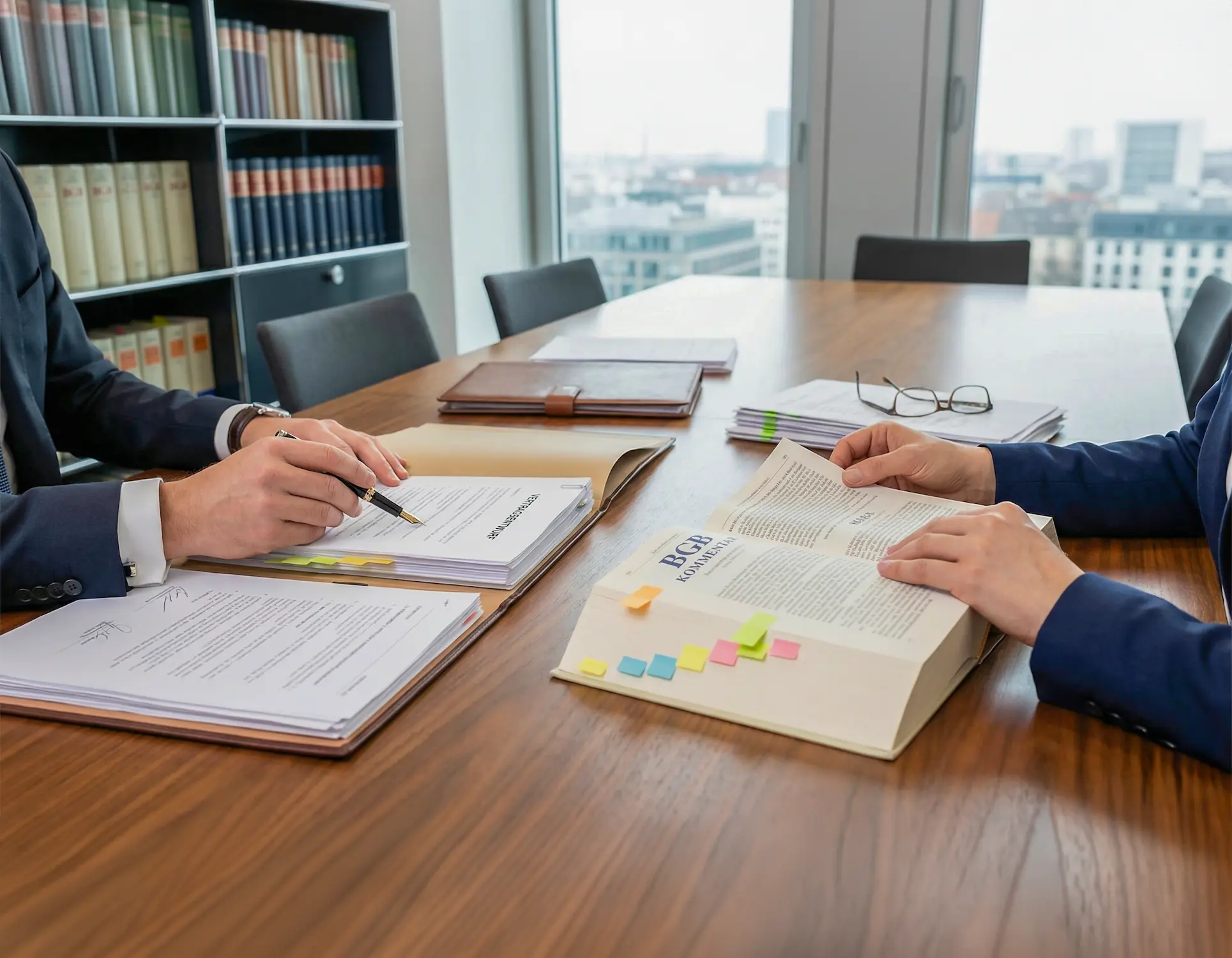 Besprechung von Verträgen und gesellschaftsrechtlichen Unterlagen als Symbol für die Rechtsberatung bei Schoetz & Partner in Göppingen und Dresden