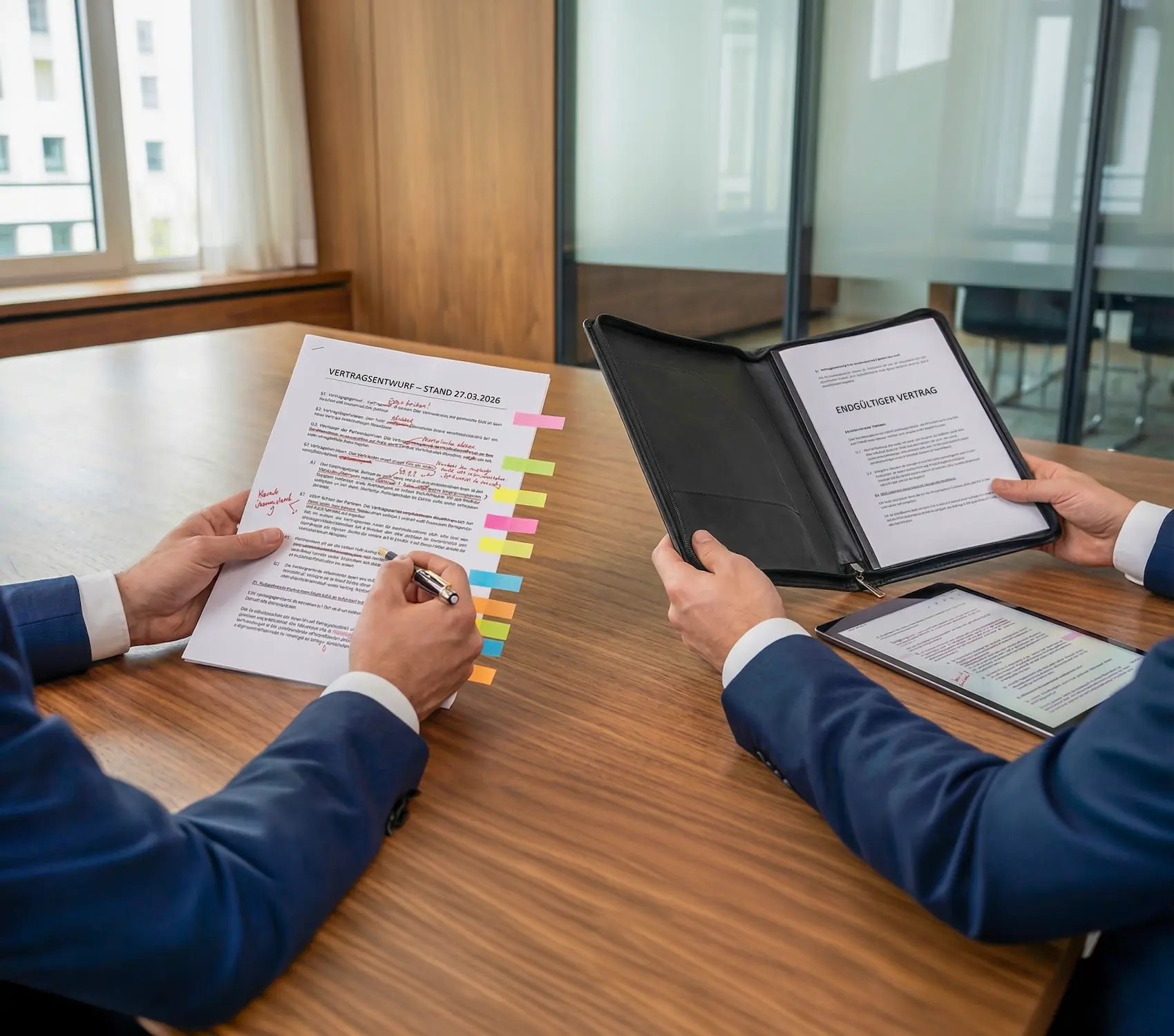 Prüfung und Gestaltung von Verträgen mit markierten Vertragsunterlagen und digitaler Dokumentenansicht bei Schoetz & Partner in Göppingen und Dresden