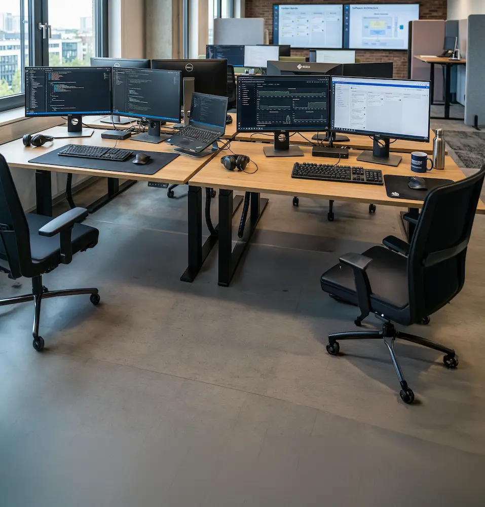 Moderner Software-Arbeitsplatz mit mehreren Monitoren als Symbol für IT- und Softwareunternehmen bei Schoetz & Partner in Göppingen und Dresden