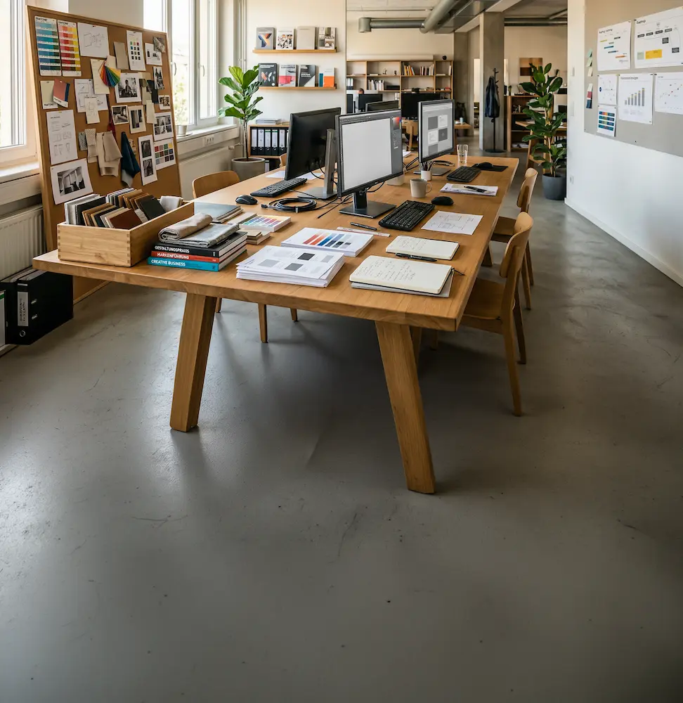Moderner Kreativarbeitsplatz mit Moodboard, Designunterlagen und Arbeitsplätzen als Symbol für Kreativwirtschaft und Agenturen bei Schoetz & Partner in Göppingen und Dresden