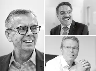 Historische Porträtcollage von Jürgen Rommelspacher, Helmut Schwarz und Klaus Storz zur Kanzleihistorie von Schoetz & Partner seit 1994