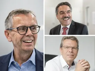 Historische Porträtcollage von Jürgen Rommelspacher, Helmut Schwarz und Klaus Storz zur Kanzleihistorie von Schoetz & Partner seit 1994
