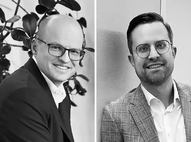 Porträtcollage von Stefan Gomringer und Sebastian Göhring zur Kanzleihistorie von Schoetz & Partner seit Januar 2025