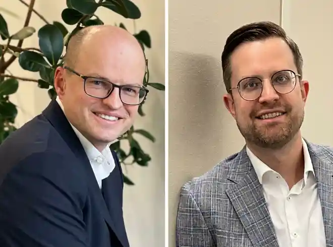 Porträtcollage von Stefan Gomringer und Sebastian Göhring zur Kanzleihistorie von Schoetz & Partner seit Januar 2025