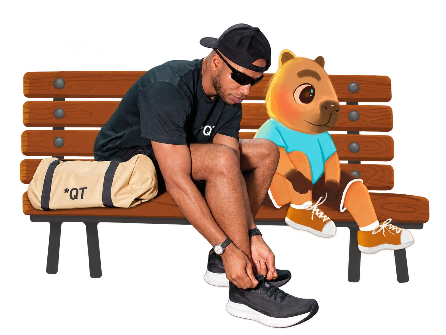 QT sits on a park bench lacing up his running shoes next to an illustrated Miles in orange sneakers.