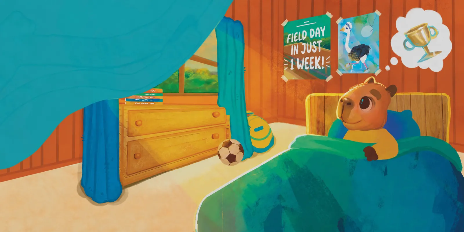 Illustrated spread: Miles lies in bed under a Field Day in just 1 week poster, dreaming of a trophy.