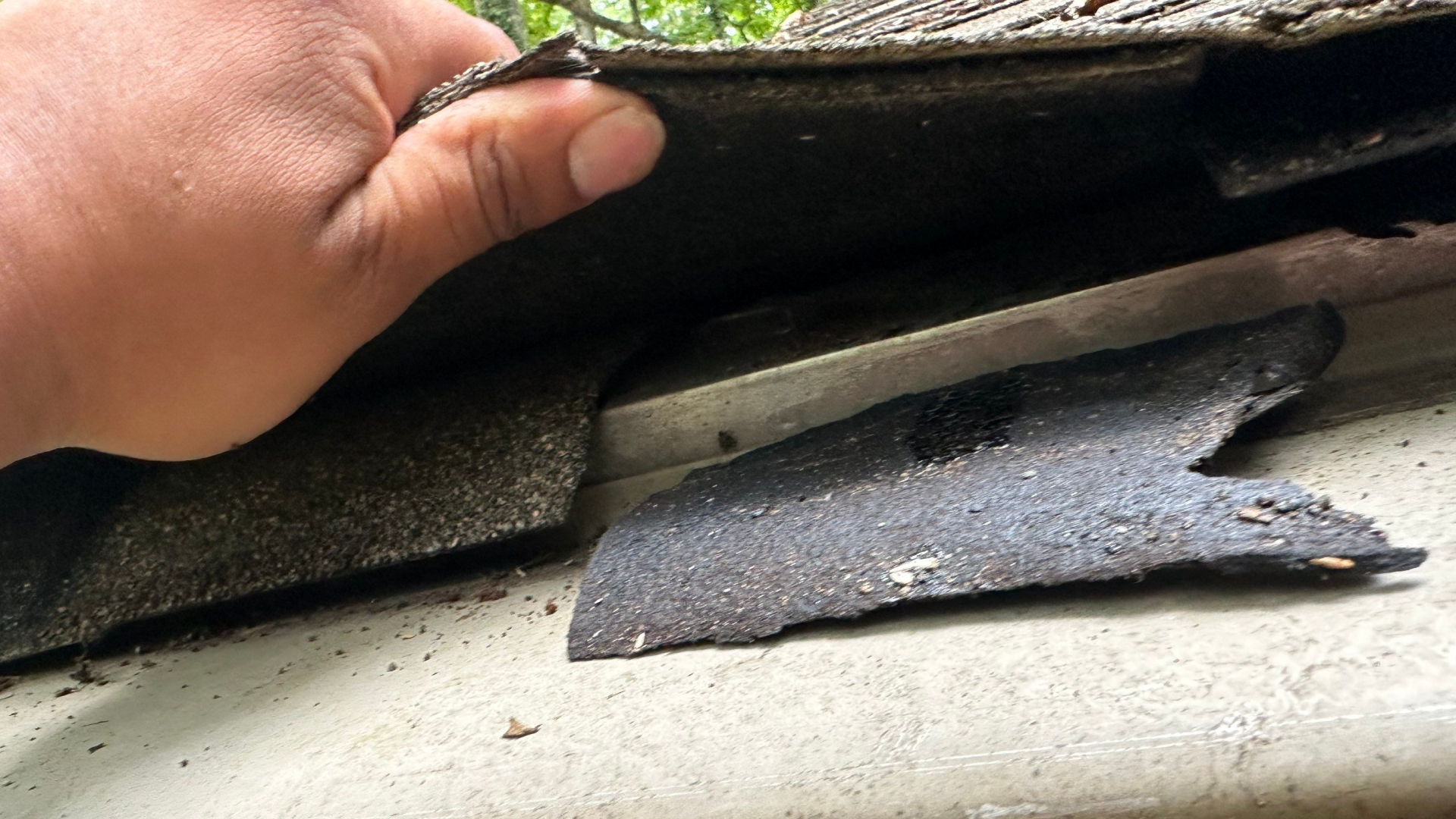 Close-up of roof with lifted and missing shingles exposing the underlayment beneath