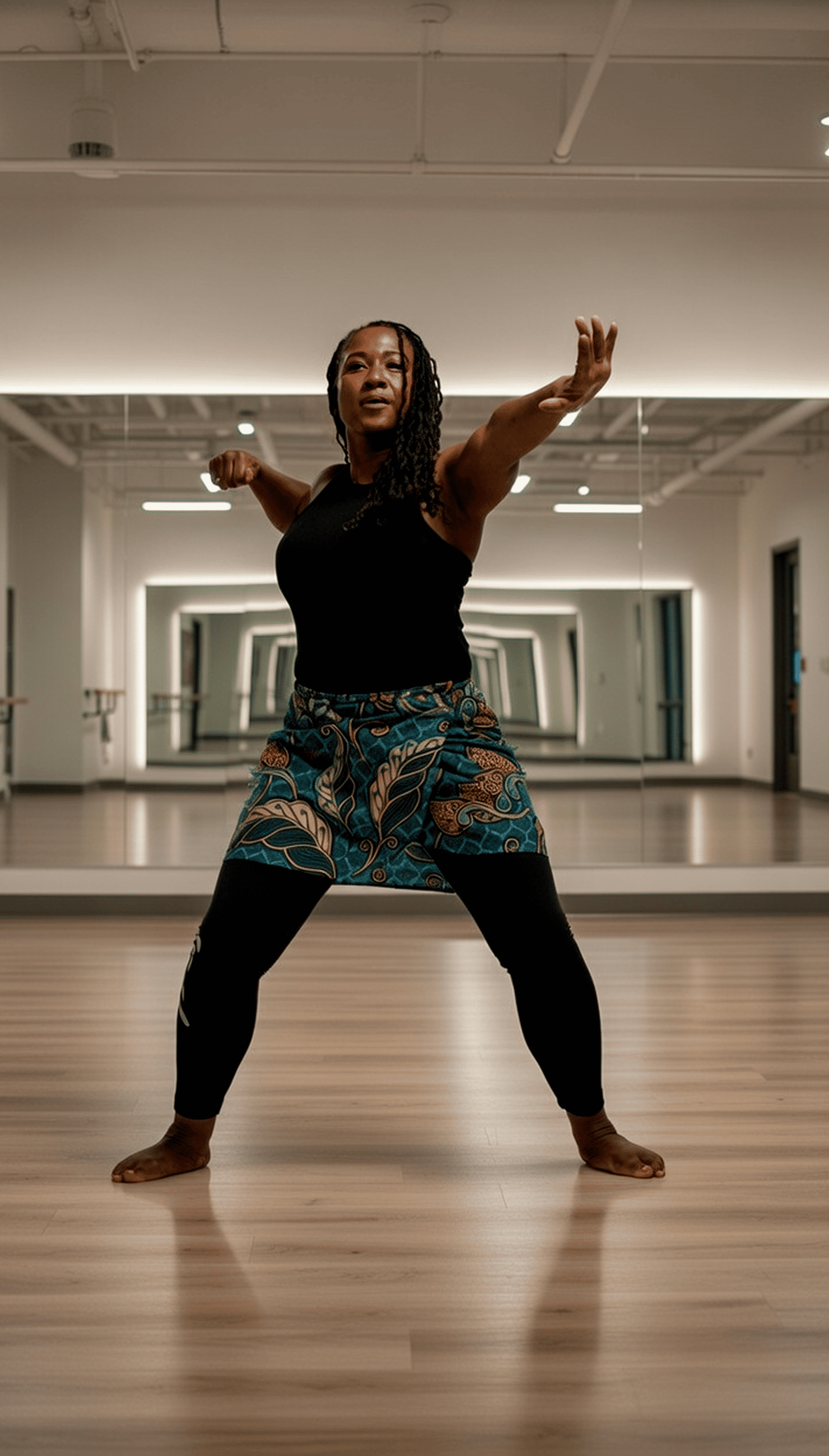 Woman in a black top and patterned shorts performing a dance pose in a mirrored studio.
