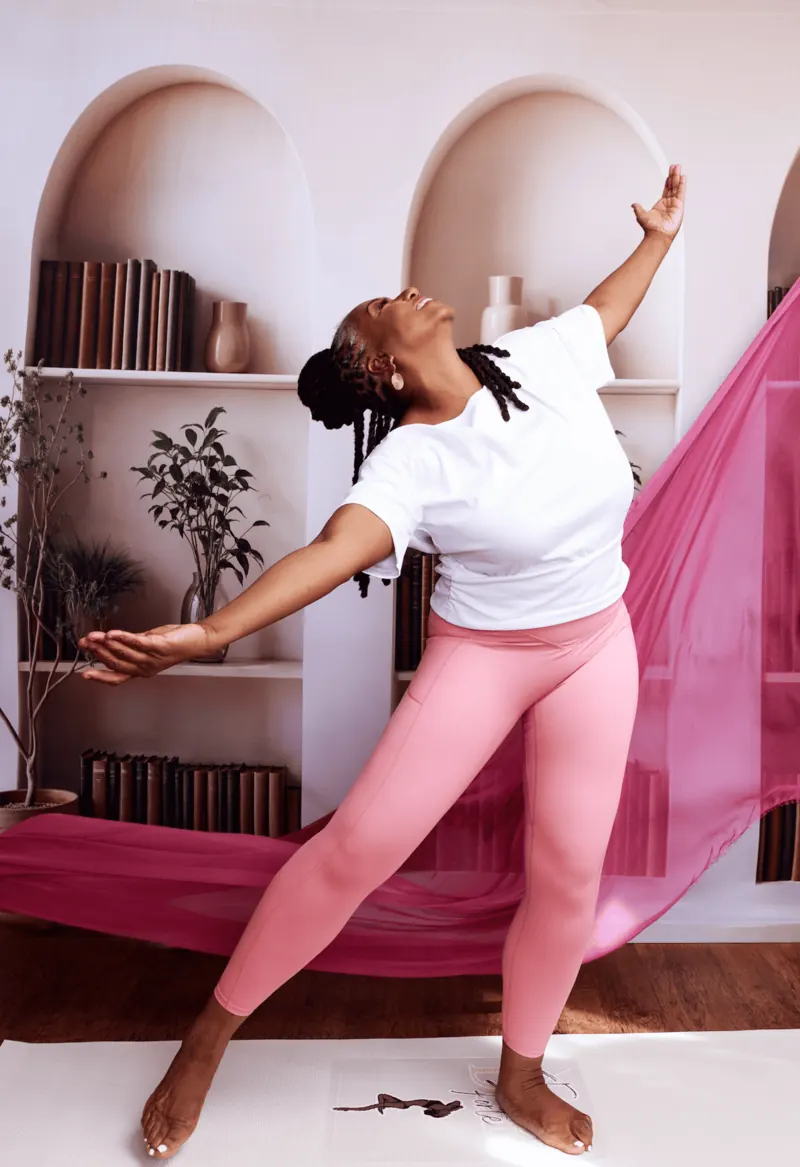 Dianne Adkins-Forte moving with flowing pink fabric