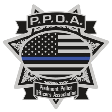 Badge-shaped logo with a black and gray American flag featuring a blue stripe in the center, labeled P.P.O.A. and Piedmont Police Officers Association.