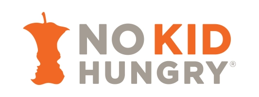 No Kid Hungry logo with an orange apple core shaped like a child's profile next to the text 'NO KID HUNGRY'.