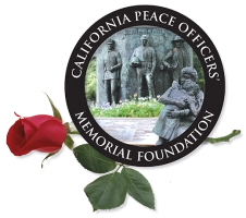 California Peace Officers' Memorial Foundation logo featuring a circular badge with three police officer statues and a red rose lying across the bottom.