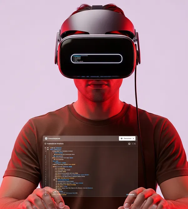Person wearing a VR headset interacting with a transparent digital interface displaying code and commands.