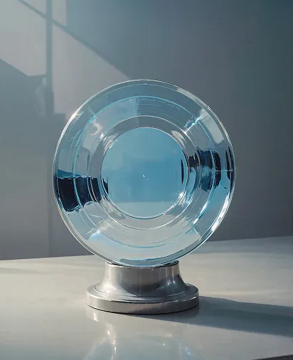 Clear glass circular award with concentric ridges on a silver base, casting a shadow on a white surface.