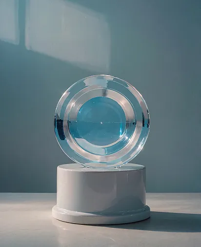 Transparent circular glass award on a white cylindrical base with soft natural light and shadow on a gray background.