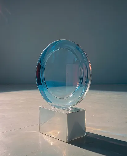 Transparent glass circular award mounted on a clear rectangular base, casting a shadow on a light floor.