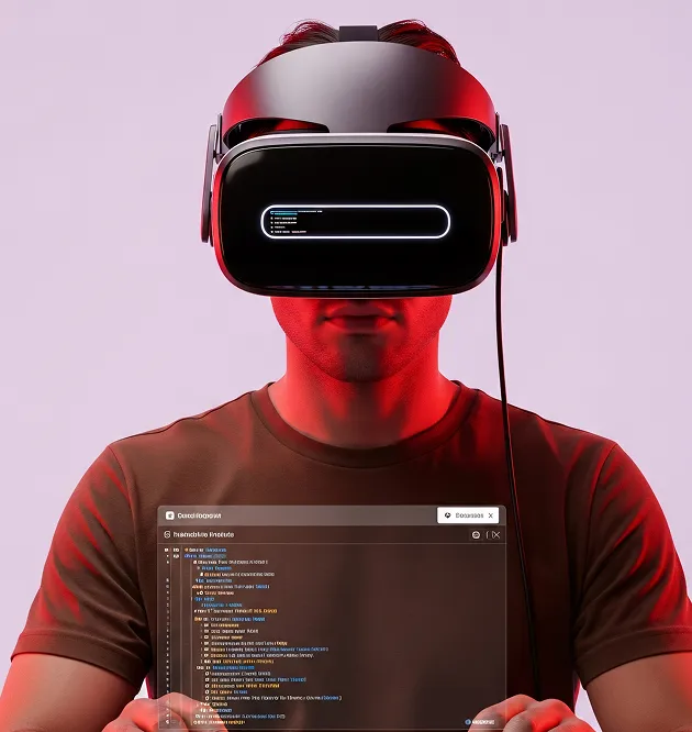 Person wearing a virtual reality headset with a digital interface displaying code or data in front of them against a light background.