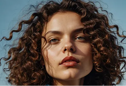 Close-up of a young woman with curly brown hair and neutral expression against a clear blue sky.