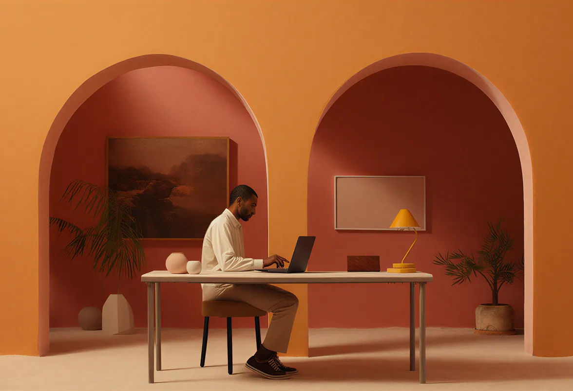 Man in light clothing sitting at a modern white desk working on a laptop in a room with orange walls and arched alcoves featuring plants, artwork, and a yellow table lamp.