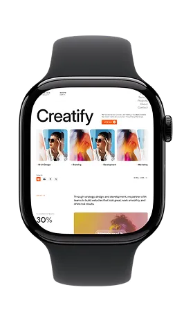 Smartwatch displaying a website homepage titled 'Creatify' with sections for UI/UX Design, Branding, Development, and Marketing.