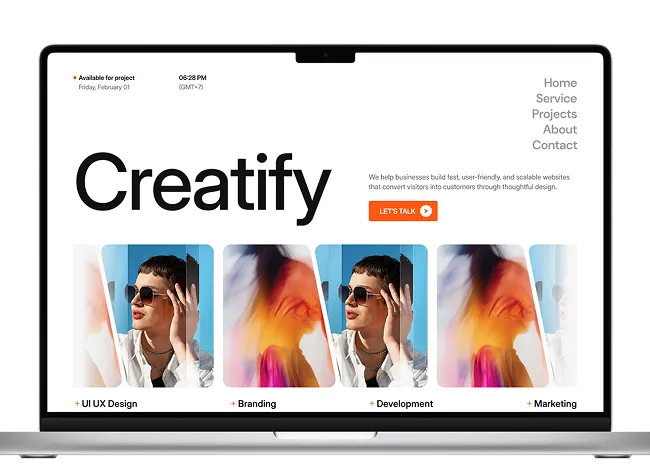 Laptop screen showing a webpage for Creatify with navigation links and images representing UI UX Design, Branding, Development, and Marketing services.