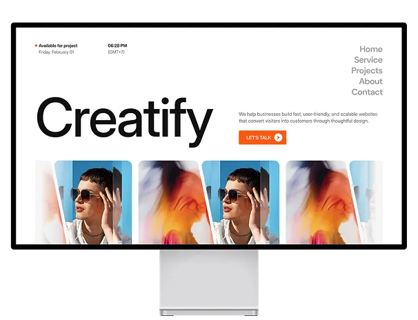 Website homepage for Creatify with a navigation menu and images of a person wearing sunglasses, promoting user-friendly web design services.