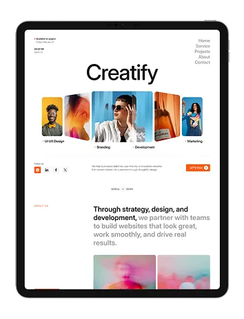 Tablet screen showing Creatify website homepage with sections for UI/UX design, branding, development, and marketing, plus text about strategy and development services.