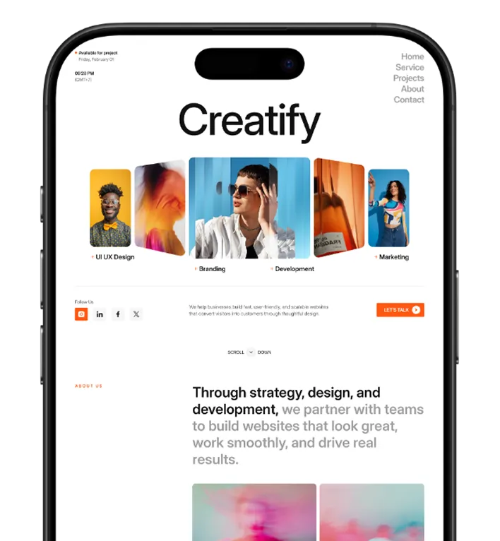 Smartphone screen showing Creatify website homepage with categories UI UX Design, Branding, Development, Marketing and navigation links Home, Service, Projects, About, Contact.