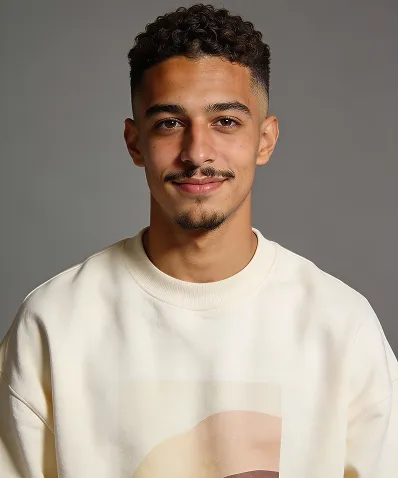Young man with curly hair and trimmed beard wearing a light-colored sweatshirt against a gray background.