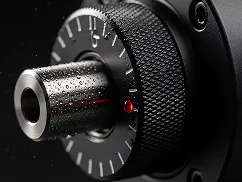 Close-up of a black knurled dial with measurement markings and water droplets on its surface.