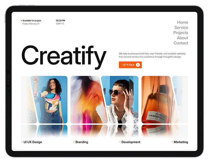 Tablet screen displaying Creatify website with sections for UI UX Design, Branding, Development, and Marketing, featuring images of a woman dancing, abstract color blur, a man wearing sunglasses, and a L'Oréal fragrance bottle.