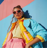 Young woman wearing pink sunglasses, a yellow top, pink pants, and a light blue jacket posing against a blue and pink wall.