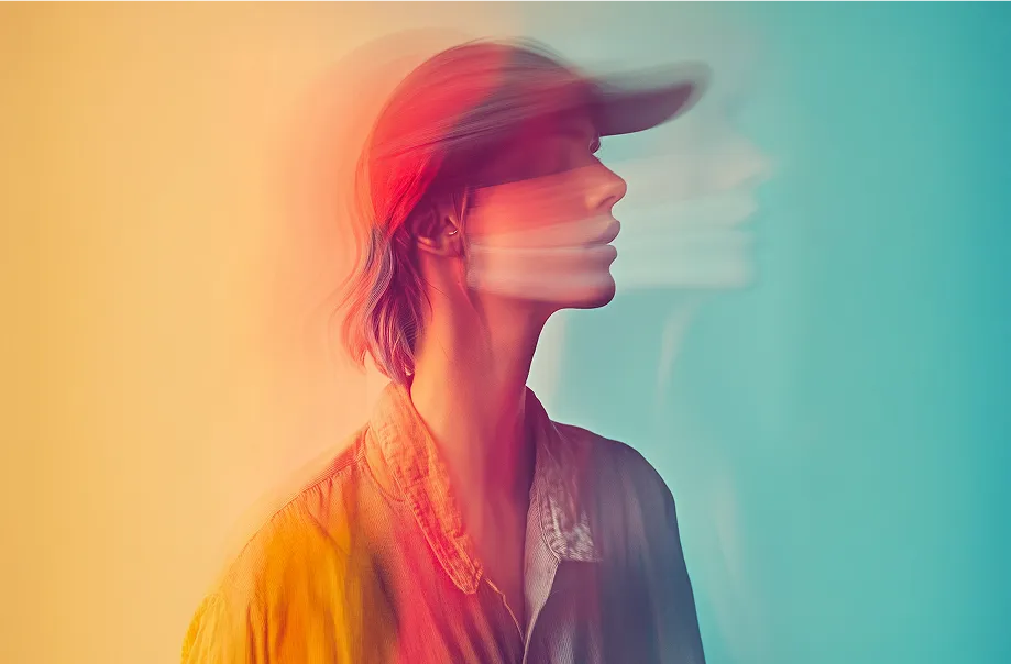 Woman wearing a cap and jacket with a motion blur effect creating ghosted profiles on a split yellow and teal background.