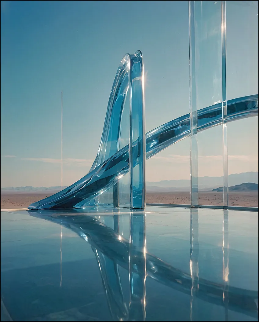 Transparent modern glass slide structure with clear reflections under a blue sky in a desert landscape.