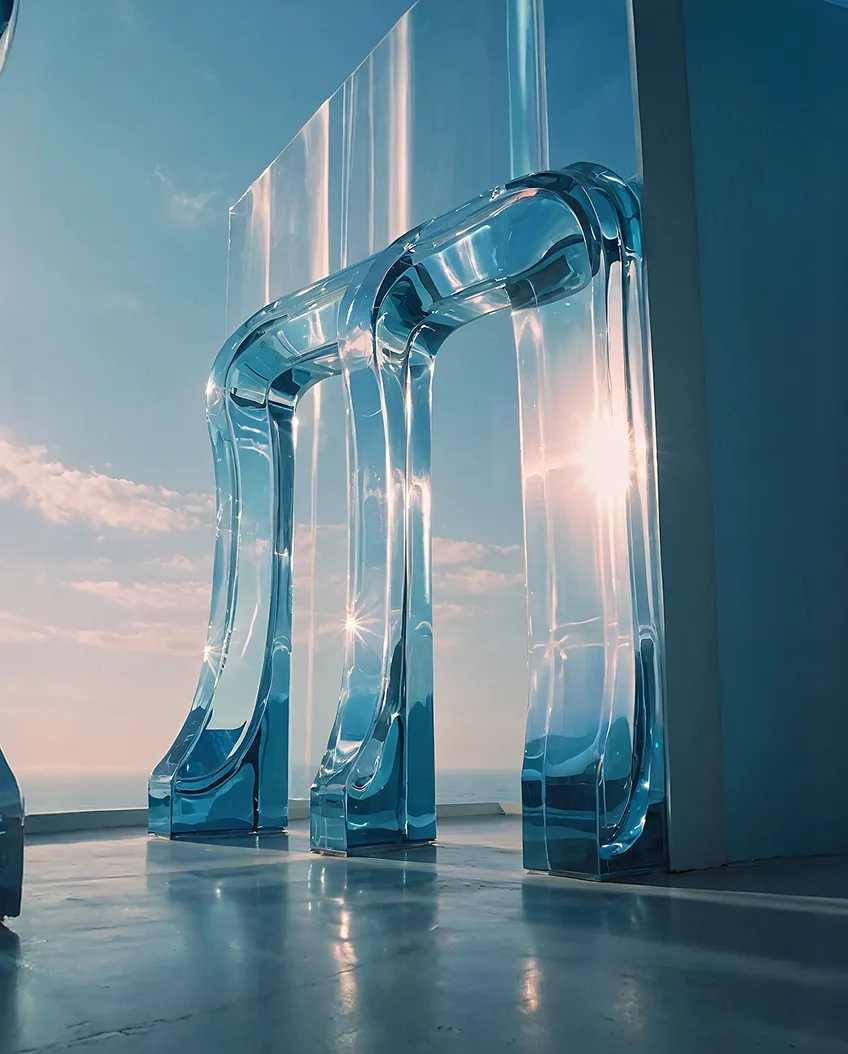 Transparent glass sculpture shaped like curved architectural arches with sunlight reflecting off its surface.