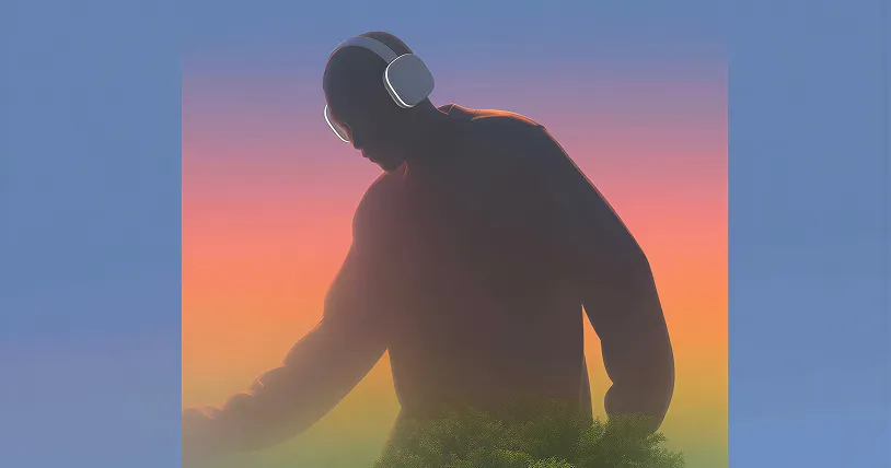 Silhouette of a person wearing headphones, set against a colorful gradient sky at sunset.