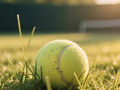 Close-up of a tennis ball resting on grass with a blurred tennis court background.