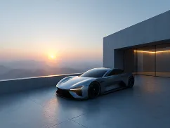 Sleek black sports car parked in a modern garage with sunset mountains in the background.