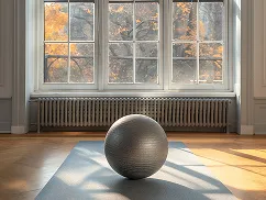 Silver exercise ball on a yoga mat in a sunlit room with large windows showing autumn trees outside.