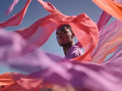 Person standing amid flowing red and purple fabric against a blue sky.