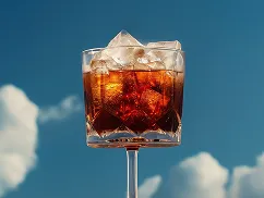 Clear glass with dark soda and ice cubes against a blue sky with clouds.