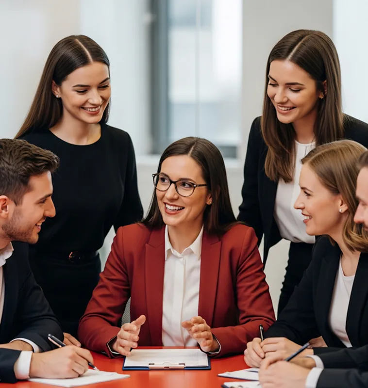 A group of five businesspeople in professional attire smiling and engaging in a discussion around a red table with documents.