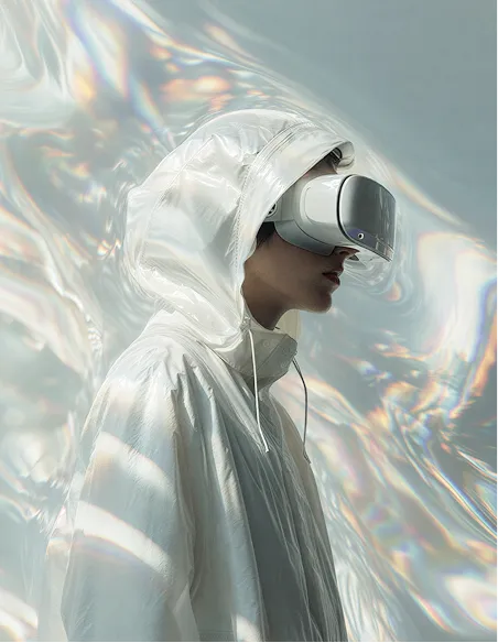 Person wearing a white hooded jacket and virtual reality headset against a shimmering, abstract background.