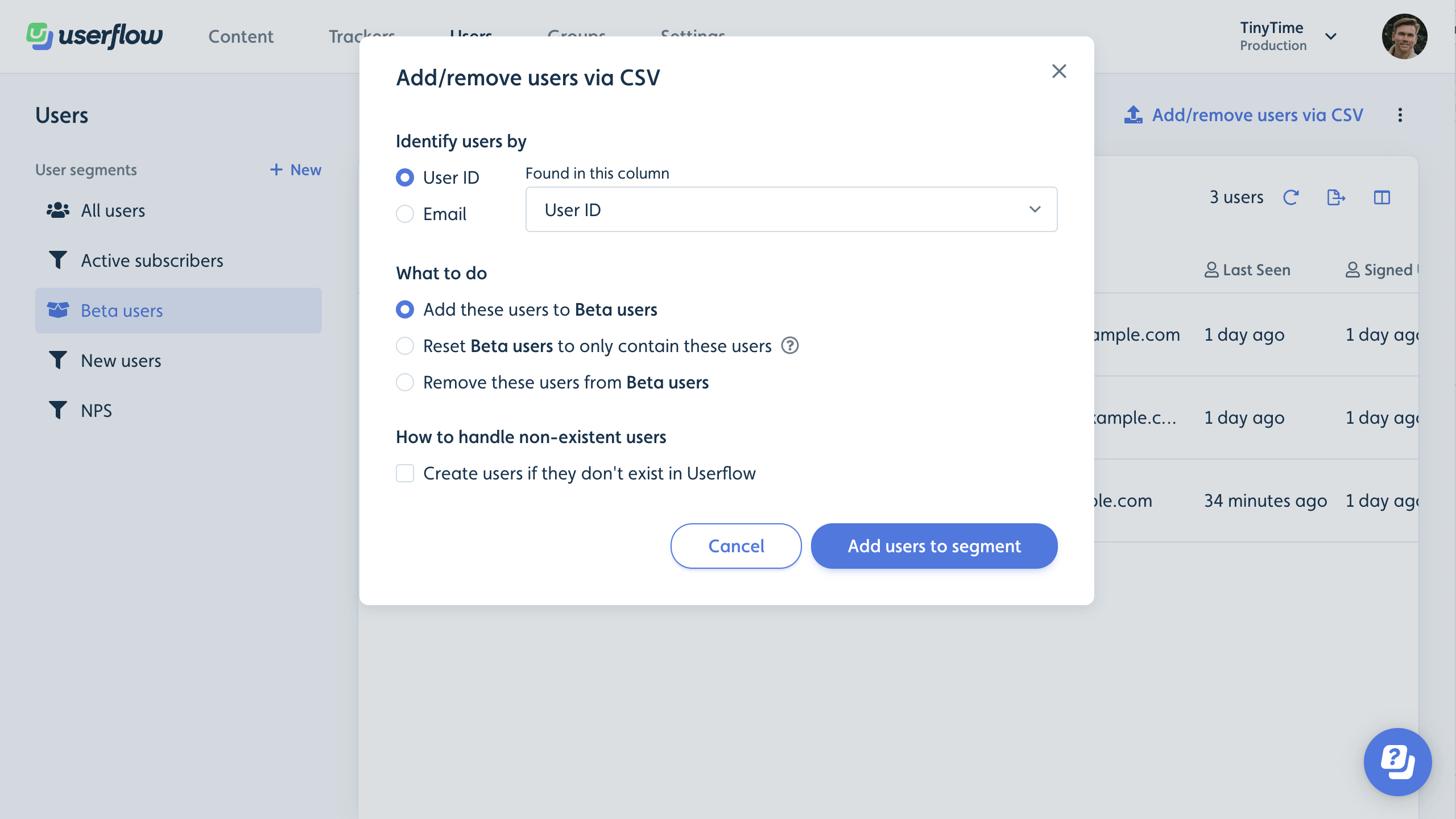 Upload list of users