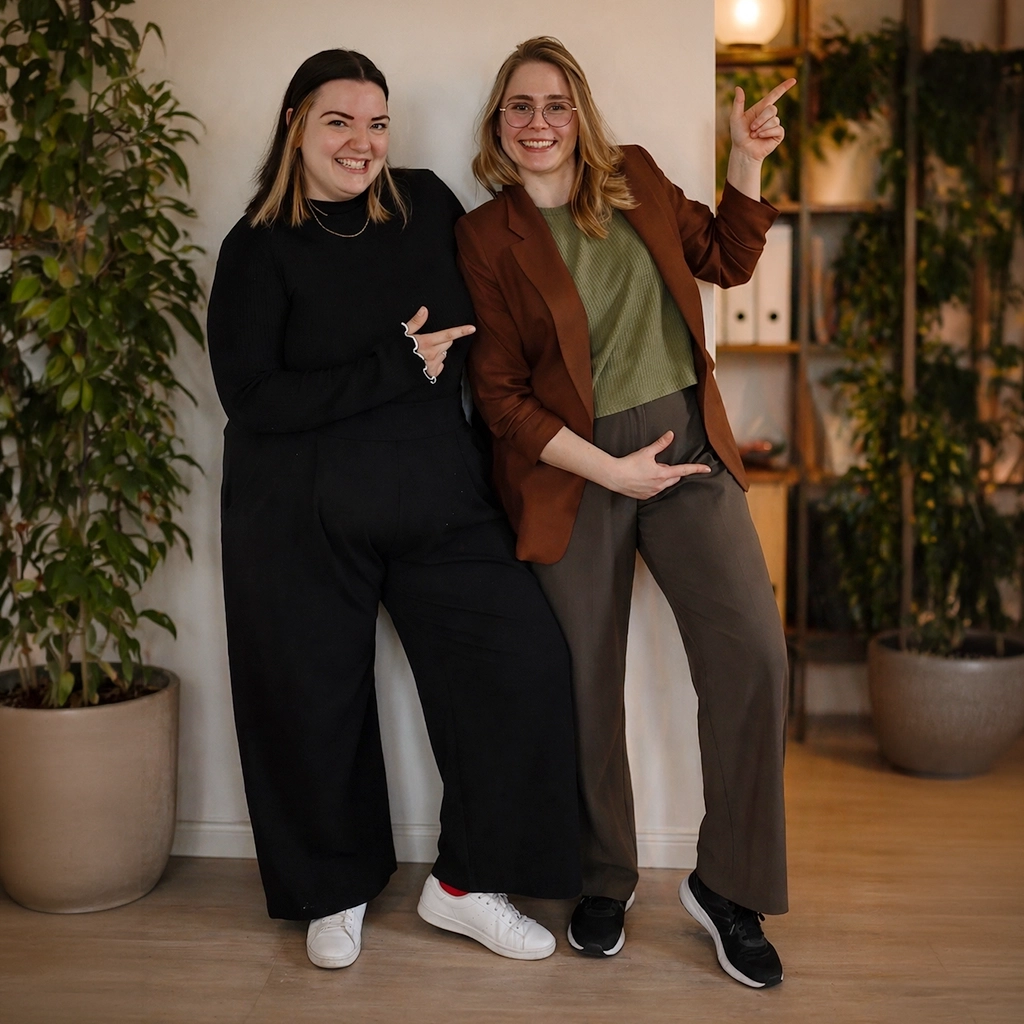 Lena und Elisabeth von Femvestory zeigen motiviert auf die Terminbuchung für ein kostenloses Erstgespräch zur persönlichen Finanzplanung.