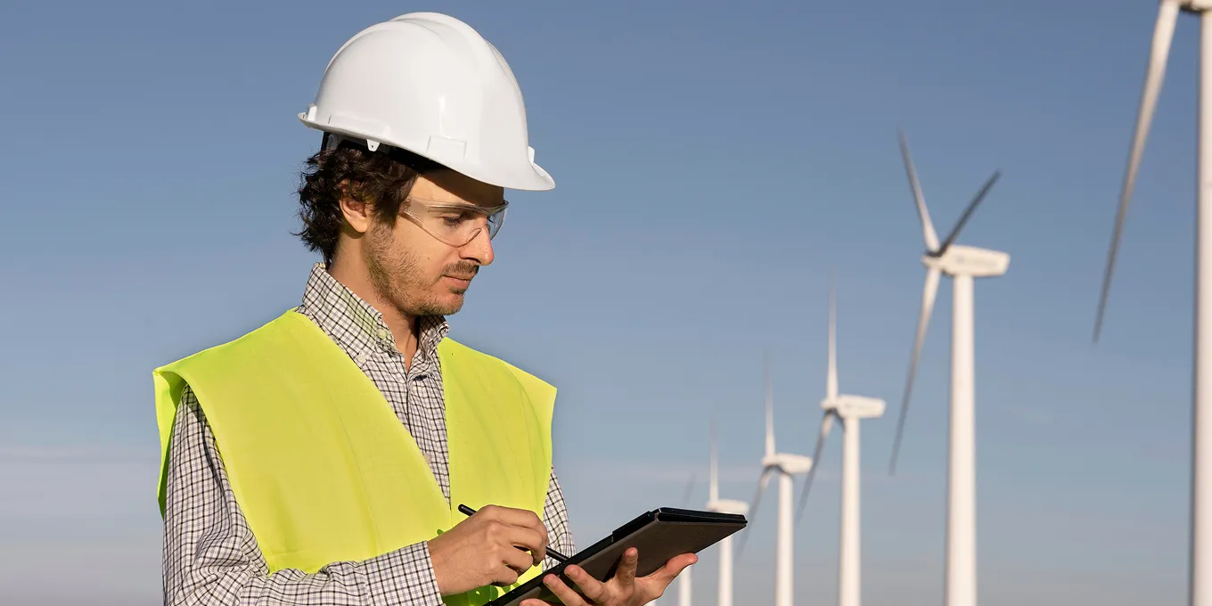 Engineer in safety gear using a tablet with wind turbines in the background under a clear sky.